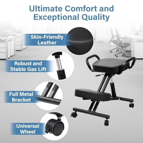 Ergonomic Kneeling Chair, Height Adjustable Stool for Home and Office, PU Kneeling Chair for Desk to Relieve Back Discomfort, Thick Moulded Foam Cushions Brake Casters