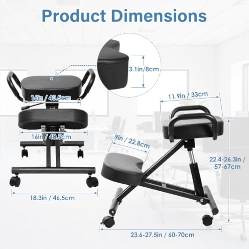 Ergonomic Kneeling Chair, Height Adjustable Stool for Home and Office, PU Kneeling Chair for Desk to Relieve Back Discomfort, Thick Moulded Foam Cushions Brake Casters