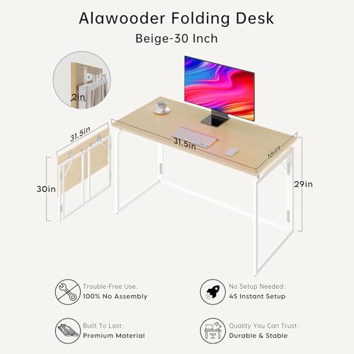 alawooder Folding Desk: No Assembly, Wood Top for Small Spaces