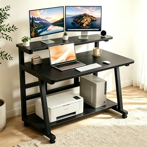 HDOFM Small Computer Desk for Small Space, Rolling Office Desk with Monitor Stand, Student Study Desk for Bedroom