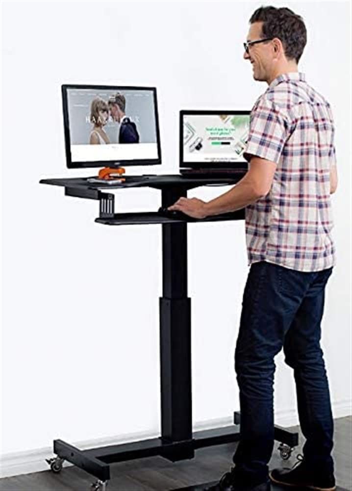 SMSOM Mobile Standing Desk, Mobile Height Adjustable Table, Stand Up Desk Cart with Sliding Keyboard Tray, Computer Workstation, Rolling Presentation Cart, Black