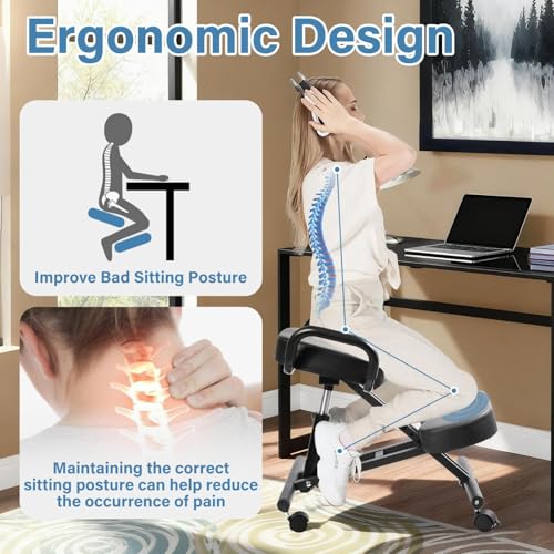 Ergonomic Kneeling Chair, Height Adjustable Stool for Home and Office, PU Kneeling Chair for Desk to Relieve Back Discomfort, Thick Moulded Foam Cushions Brake Casters
