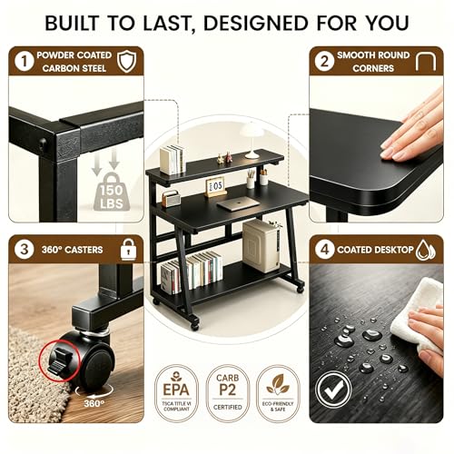 HDOFM Small Computer Desk for Small Space, Rolling Office Desk with Monitor Stand, Student Study Desk for Bedroom