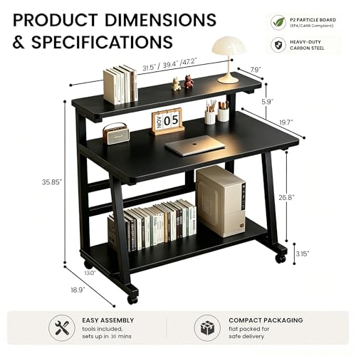HDOFM Small Computer Desk for Small Space, Rolling Office Desk with Monitor Stand, Student Study Desk for Bedroom