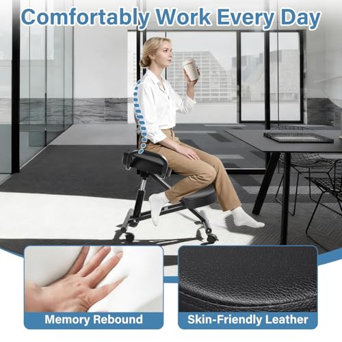 Ergonomic Kneeling Chair, Height Adjustable Stool for Home and Office, PU Kneeling Chair for Desk to Relieve Back Discomfort, Thick Moulded Foam Cushions Brake Casters