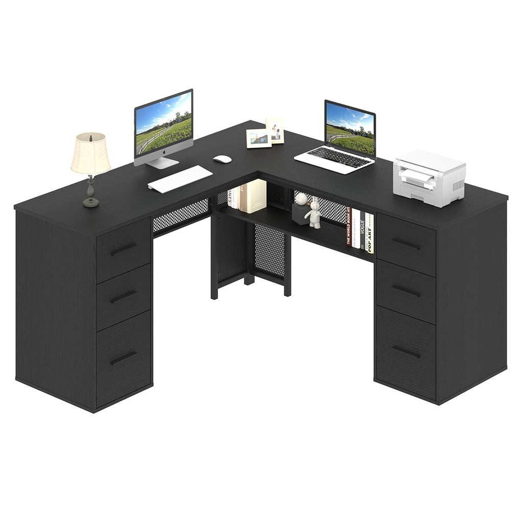 HSH L Shaped Computer Desk with File Drawers, Large Home Office Corner Desk with Storage Cabinet Shelves, Modern Metal Wood Desk for Executive Writing Study Workstation, 59 Inch Bedroom Table