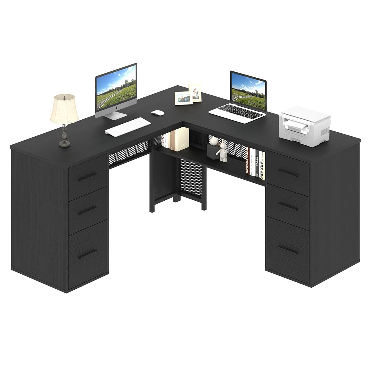 HSH L Shaped Computer Desk with File Drawers, Large Home Office Corner Desk with Storage Cabinet Shelves, Modern Metal Wood Desk for Executive Writing Study Workstation, 59 Inch Bedroom Table