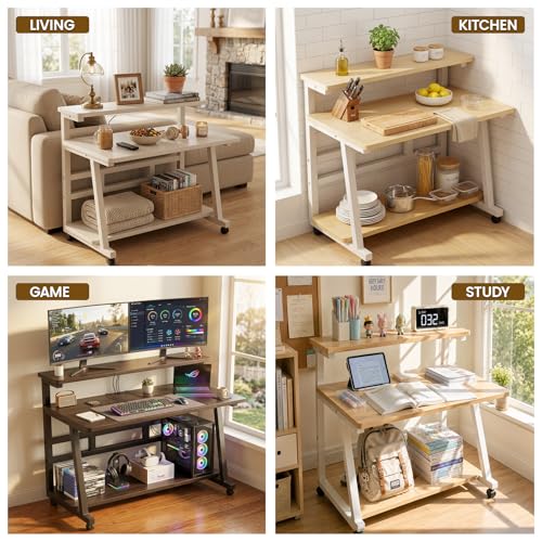 HDOFM Small Computer Desk for Small Space, Rolling Office Desk with Monitor Stand, Student Study Desk for Bedroom