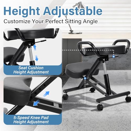 Ergonomic Kneeling Chair, Height Adjustable Stool for Home and Office, PU Kneeling Chair for Desk to Relieve Back Discomfort, Thick Moulded Foam Cushions Brake Casters