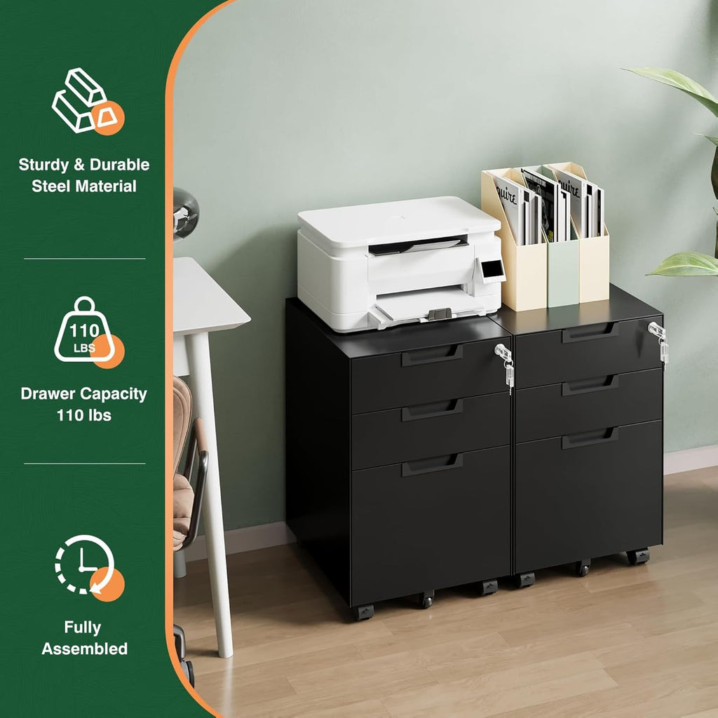 Letaya Locking Mobile Under-Desk File Cabinet, 2 or 3 Drawers