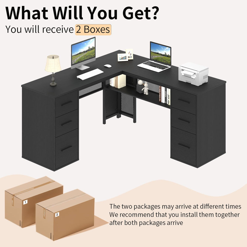 HSH L Shaped Computer Desk with File Drawers, Large Home Office Corner Desk with Storage Cabinet Shelves, Modern Metal Wood Desk for Executive Writing Study Workstation, 59 Inch Bedroom Table