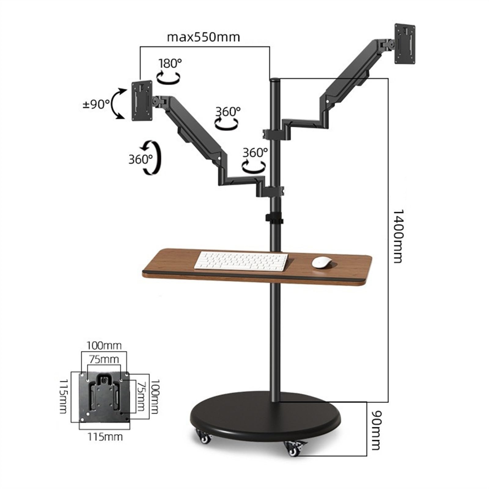 14–43-Inch Dual-Monitor Mobile Floor Stand with Keyboard Tray
