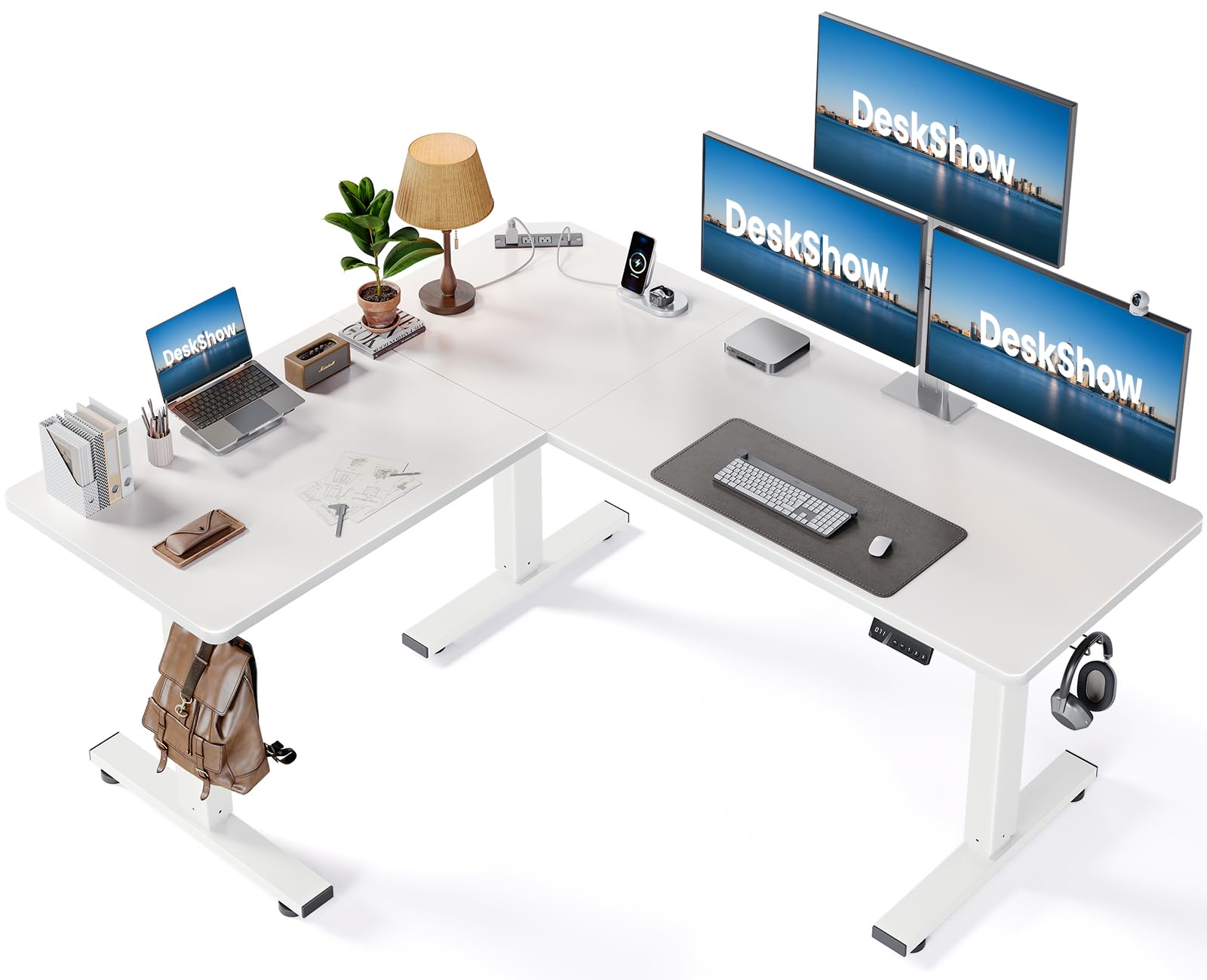 DeskShow L-Shaped Standing Desk - Adjustable Corner Standing Desk with Charging Station - L Shape Sit Stand Table with Memory Controller, Splice Board for Home Office