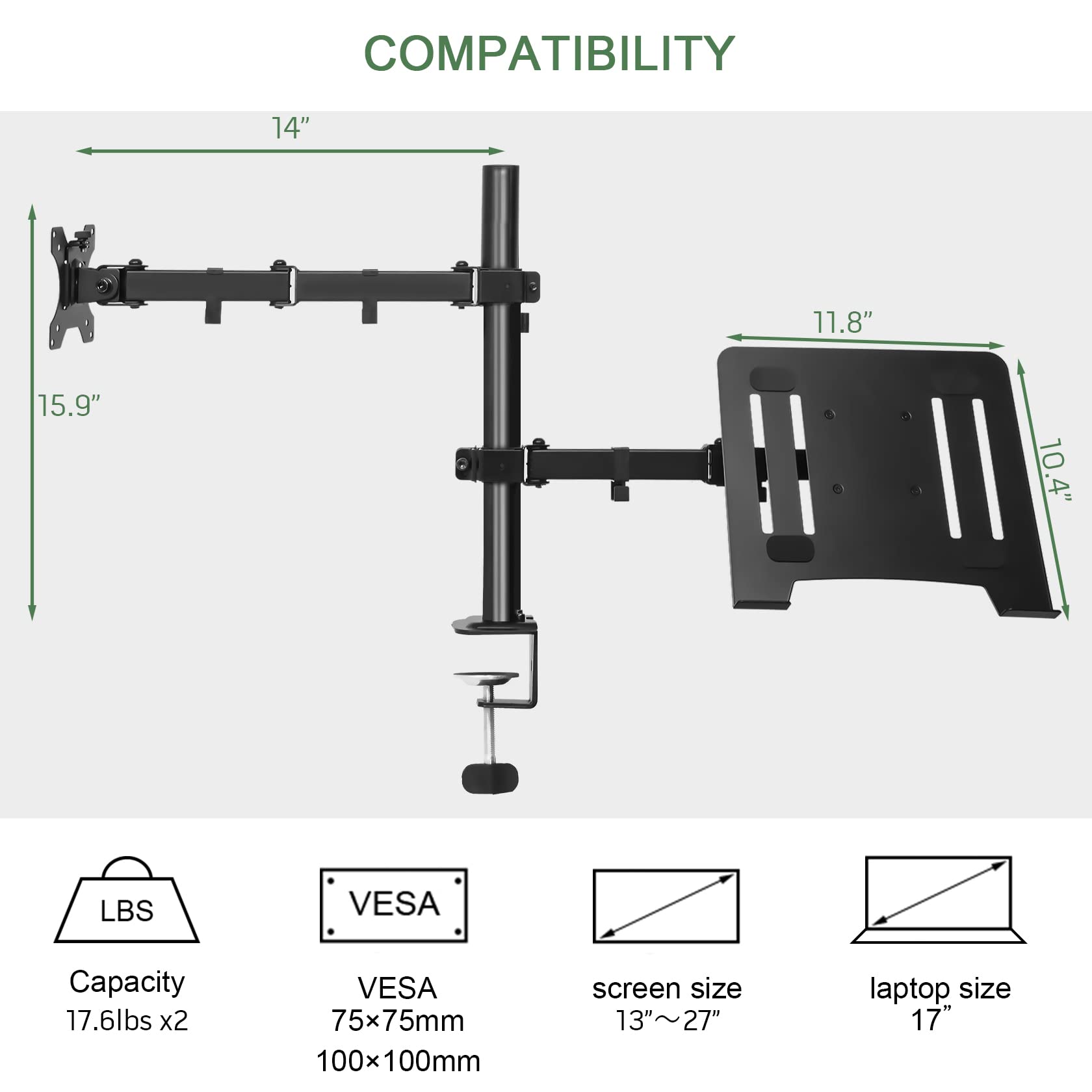 UPGRAVITY Monitor Arm with Laptop Tray for 13–27-Inch Monitors