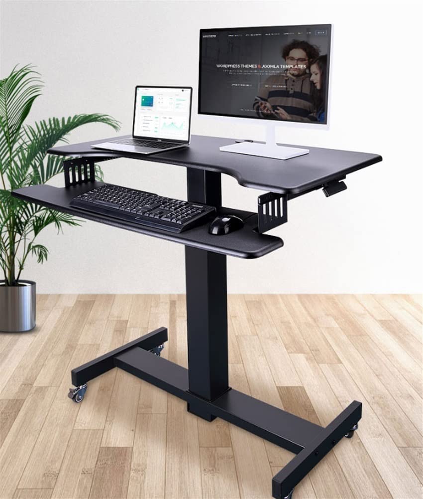 SMSOM Mobile Standing Desk, Mobile Height Adjustable Table, Stand Up Desk Cart with Sliding Keyboard Tray, Computer Workstation, Rolling Presentation Cart, Black