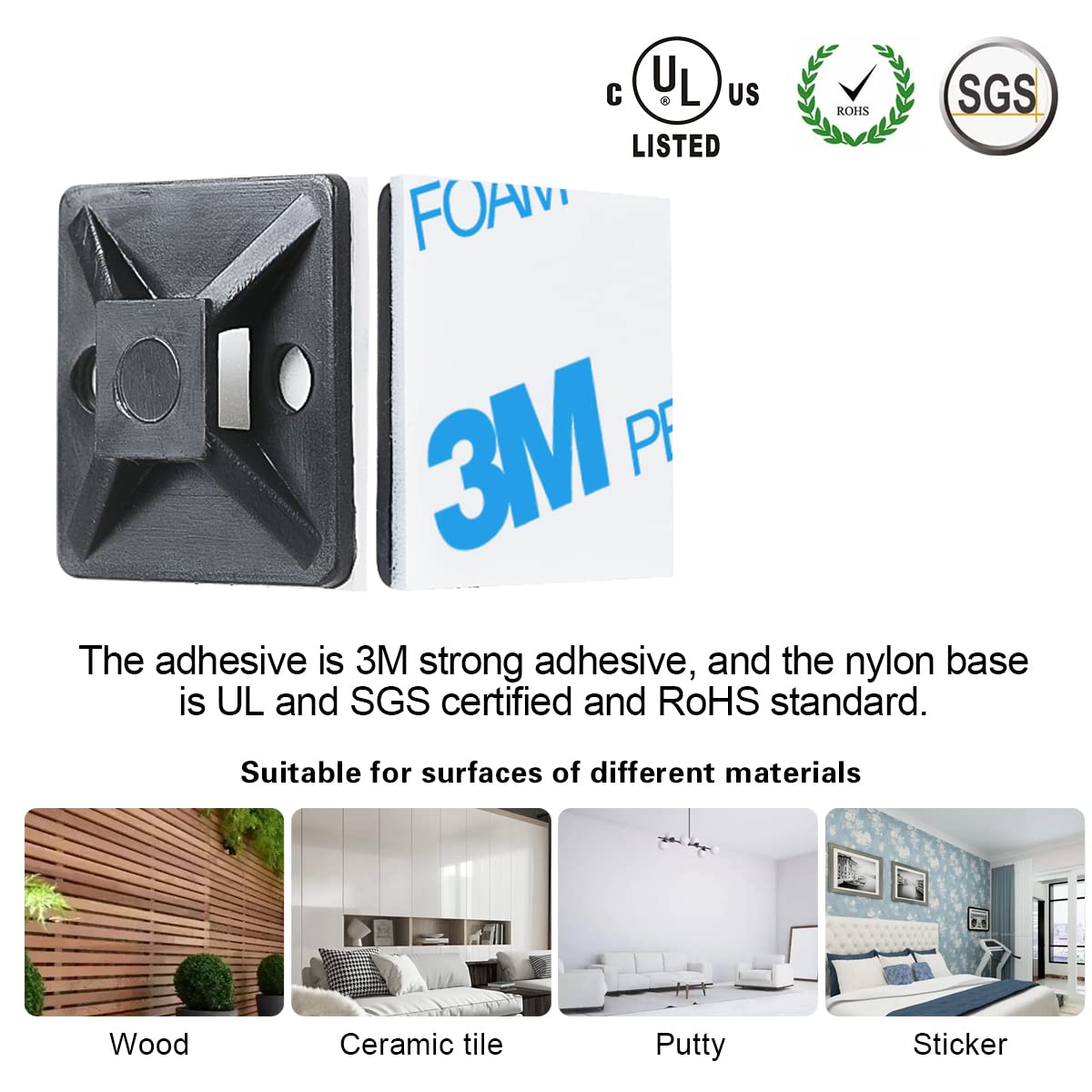 XHF 3/4-Inch Self-Adhesive Cable Tie Mounts, 100-Piece Set