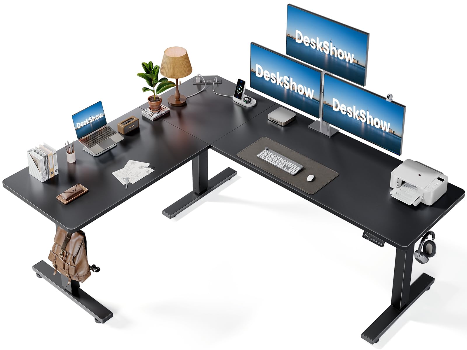 DeskShow L-Shaped Standing Desk - Adjustable Corner Standing Desk with Charging Station - L Shape Sit Stand Table with Memory Controller, Splice Board for Home Office