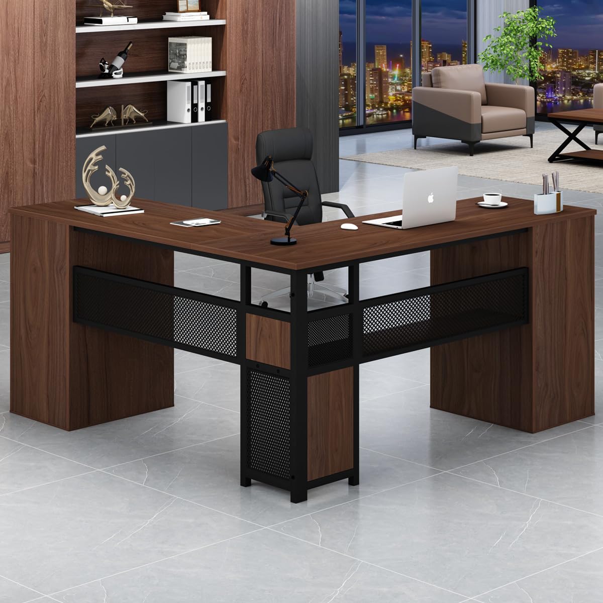 HSH L Shaped Computer Desk with File Drawers, Large Home Office Corner Desk with Storage Cabinet Shelves, Modern Metal Wood Desk for Executive Writing Study Workstation, 59 Inch Bedroom Table