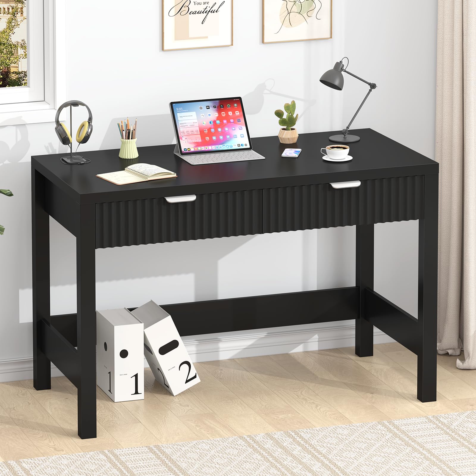 YOMILUVE Fluted Computer Desk with 2 Drawers
