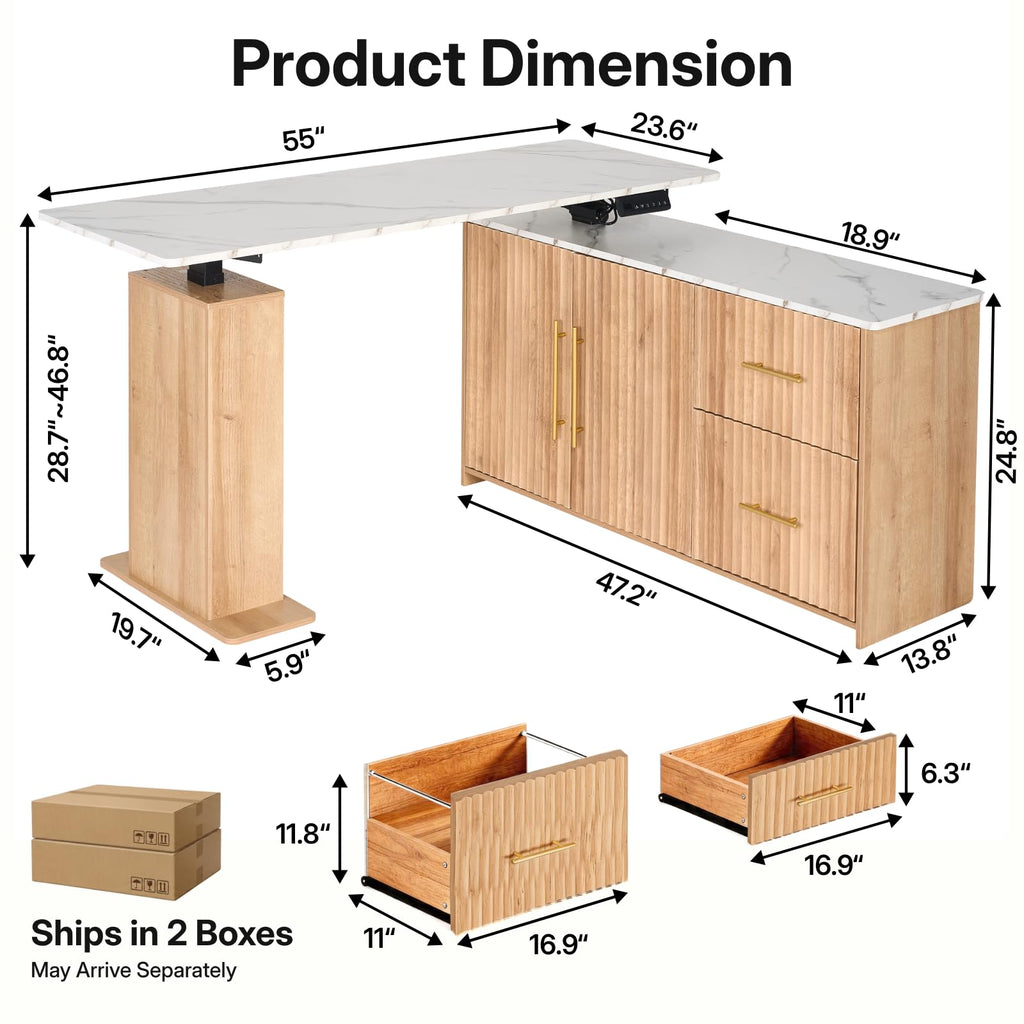NORTHSKY 55'' L-Shaped Standing Desk, Electric Height Adjustable Sit-Stand Desk with Drawers & Storage Cabinet, Fluted Modern Corner Desk for Home Office