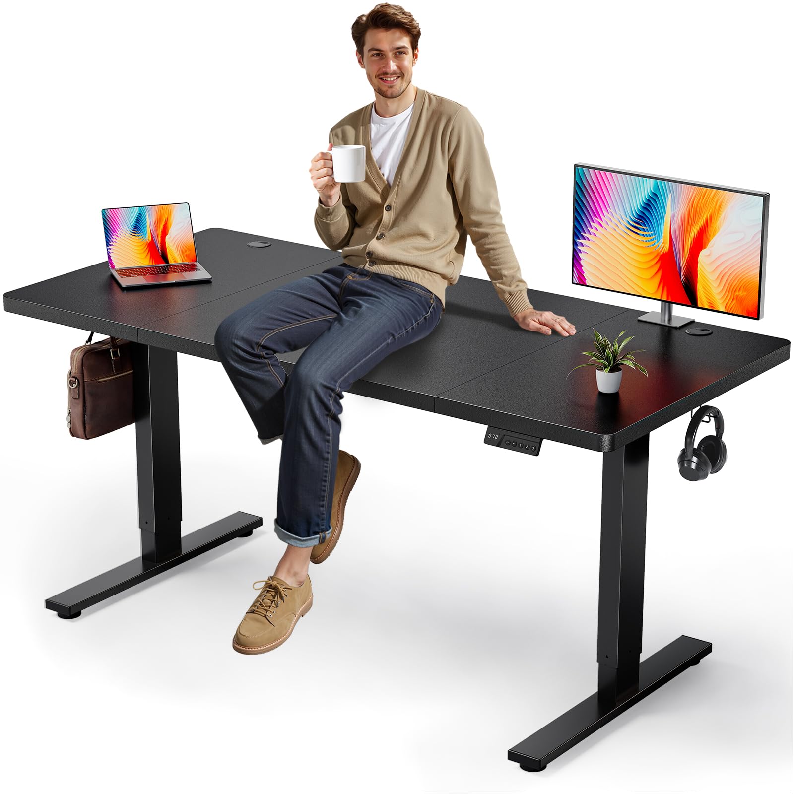 DeskShow Electric Standing Desk Adjustable - 60x28 Inch Sit Stand Desk with 1 Inch Thick Tabletop, Double Beam Frame, 3 Memory Height Adjustment, Cable Management for Home Office