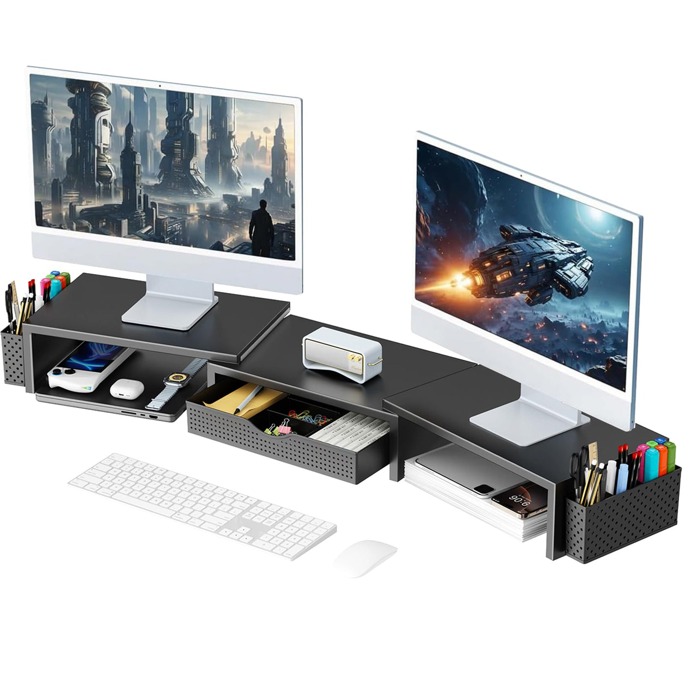 Gianotter Dual Monitor Stand Riser with Drawer and 2 Pen Holders