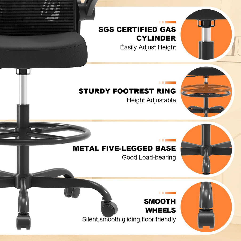 Ergonomic Mesh Drafting Chair with Footrest and Flip-Up Arms