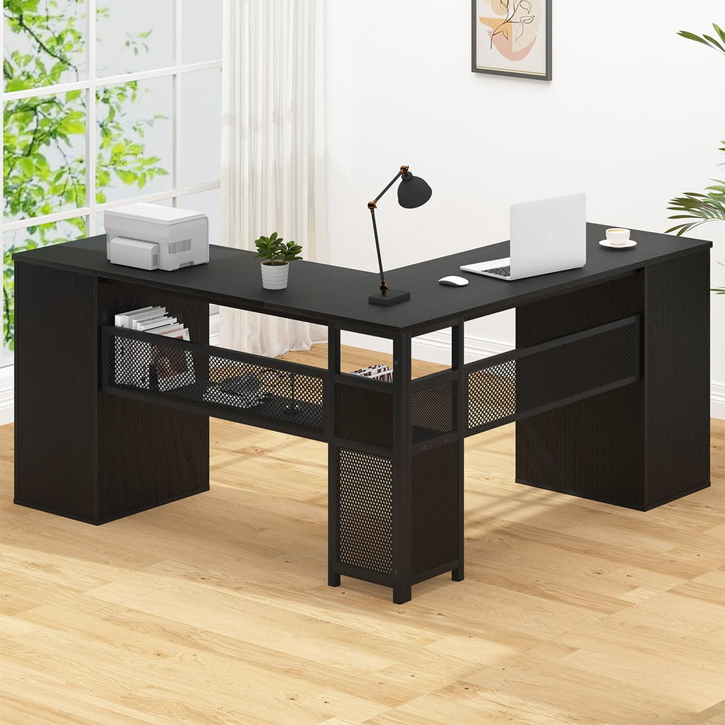 HSH L Shaped Computer Desk with File Drawers, Large Home Office Corner Desk with Storage Cabinet Shelves, Modern Metal Wood Desk for Executive Writing Study Workstation, 59 Inch Bedroom Table