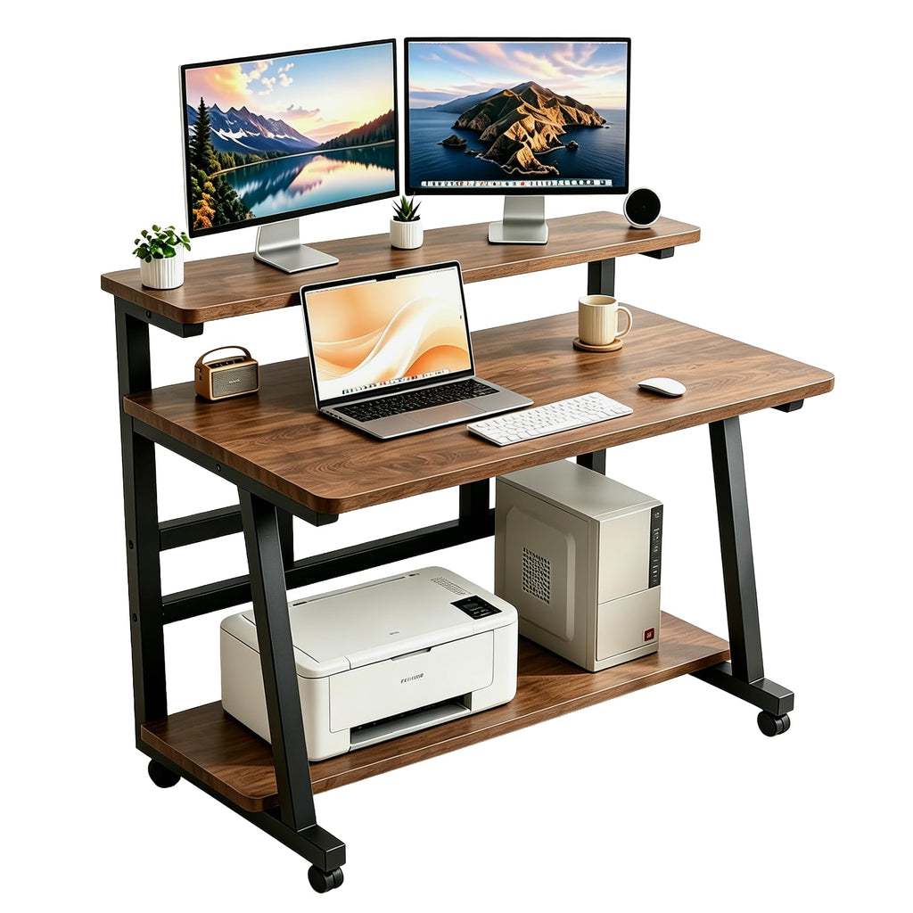 HDOFM Small Computer Desk for Small Space, Rolling Office Desk with Monitor Stand, Student Study Desk for Bedroom