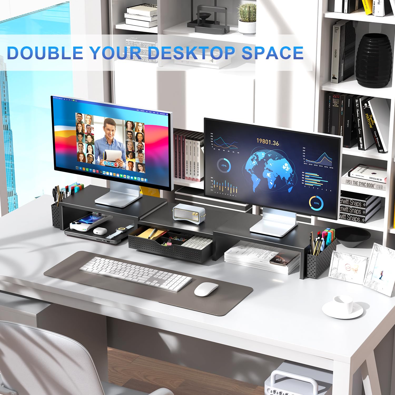Gianotter Dual Monitor Stand Riser with Drawer and 2 Pen Holders