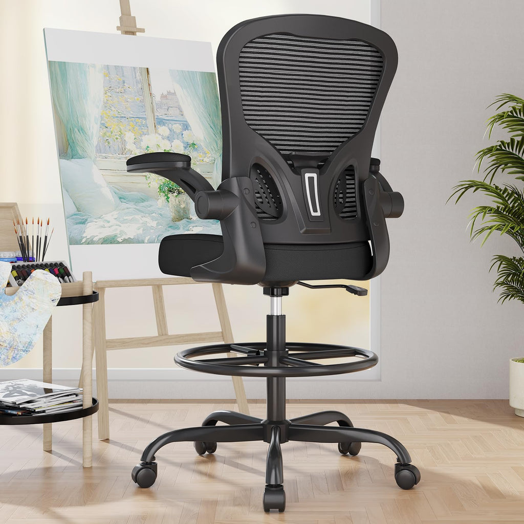 Ergonomic Mesh Drafting Chair with Footrest and Flip-Up Arms