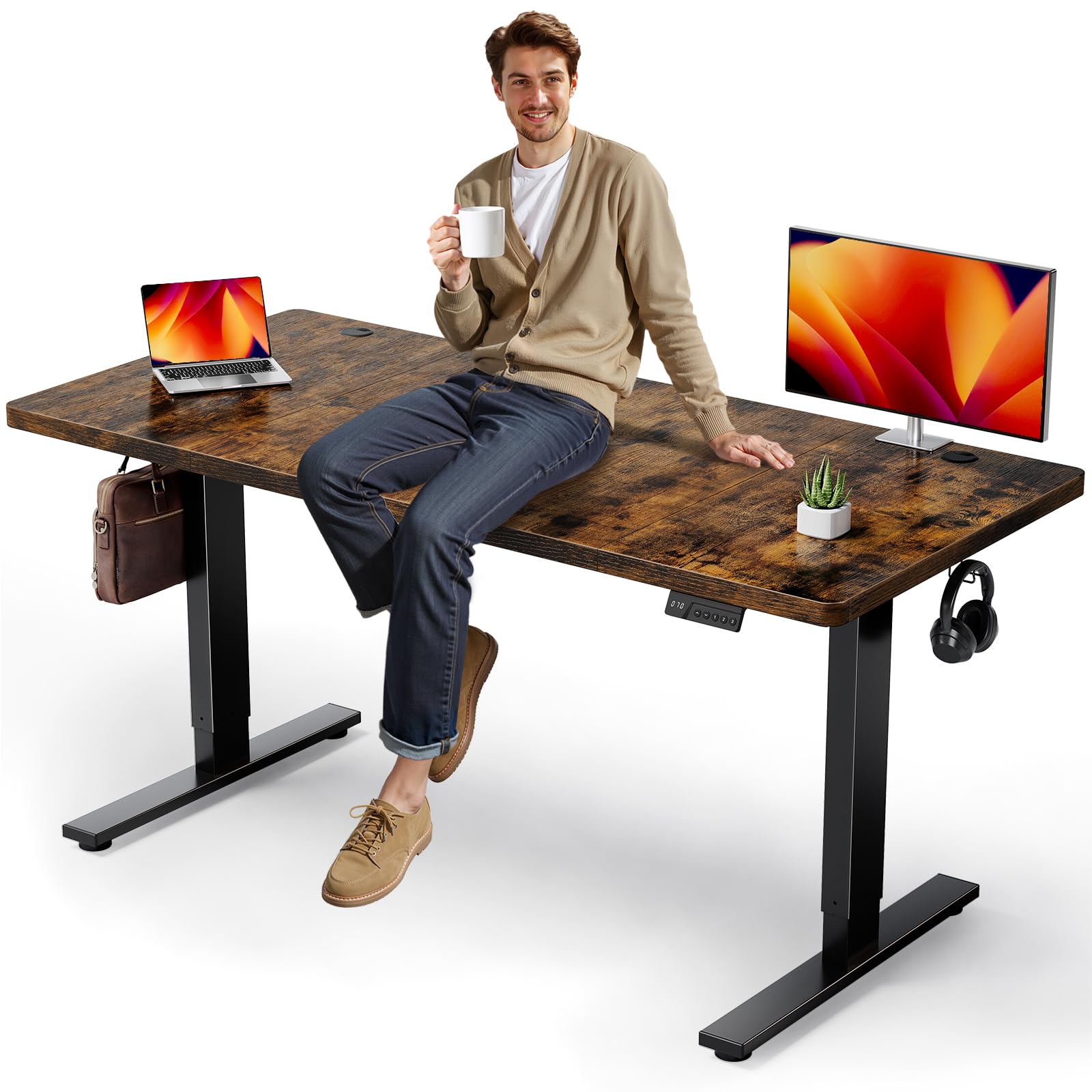 DeskShow Electric Standing Desk Adjustable - 60x28 Inch Sit Stand Desk with 1 Inch Thick Tabletop, Double Beam Frame, 3 Memory Height Adjustment, Cable Management for Home Office