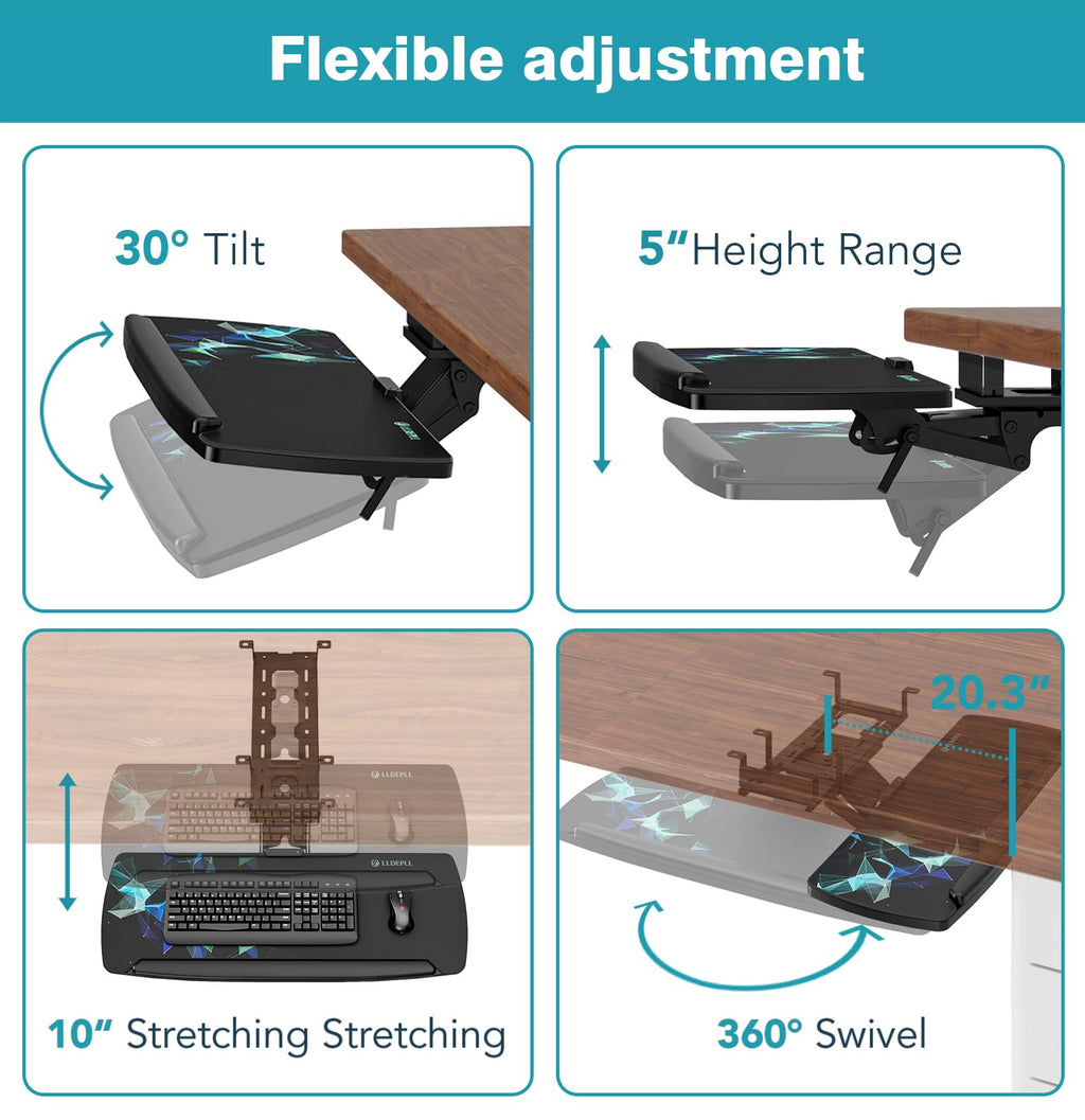 LLDEPLL 360° Adjustable Under-Desk Keyboard Tray with Drawer