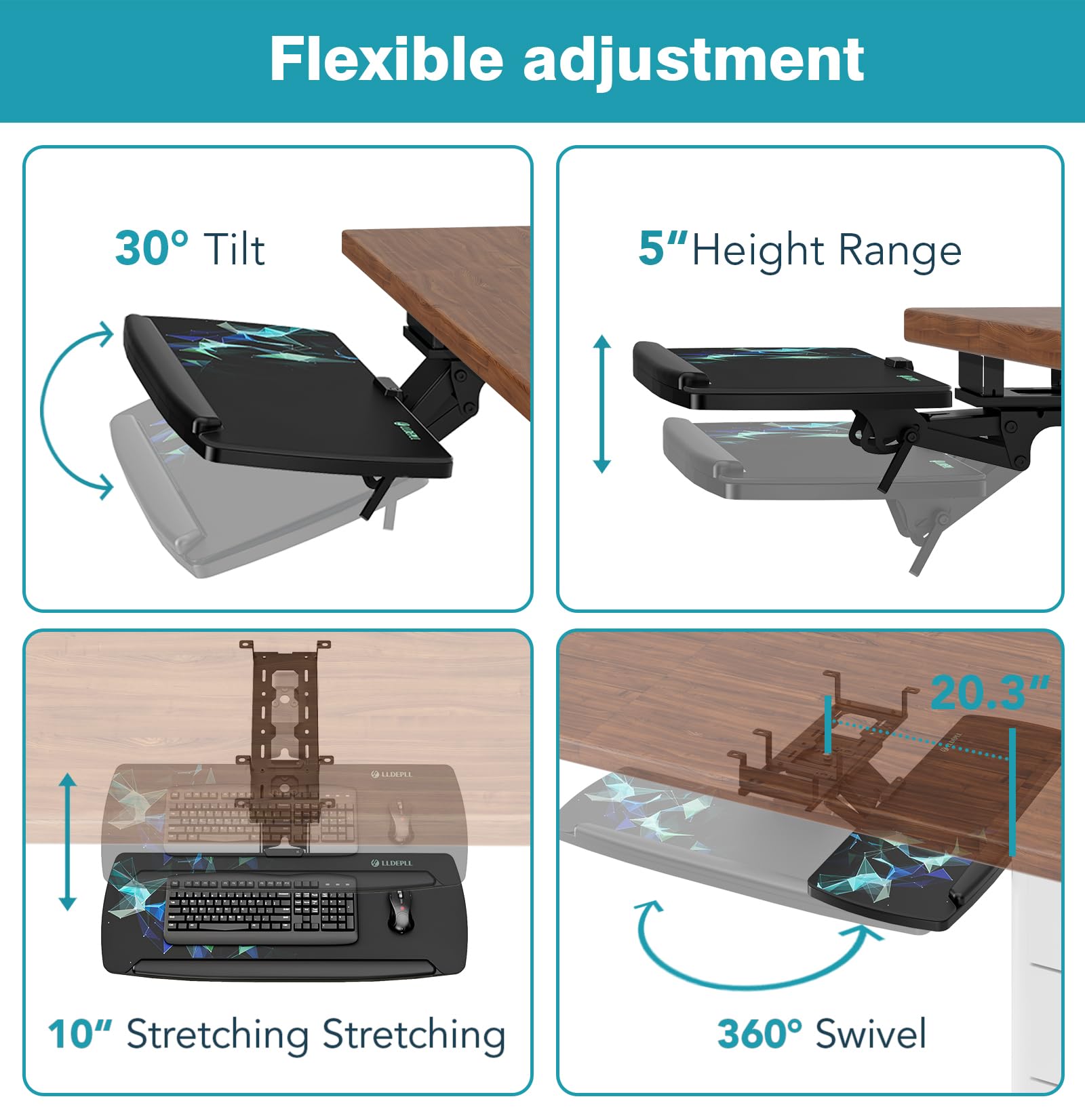 LLDEPLL 360° Adjustable Under-Desk Keyboard Tray with Drawer