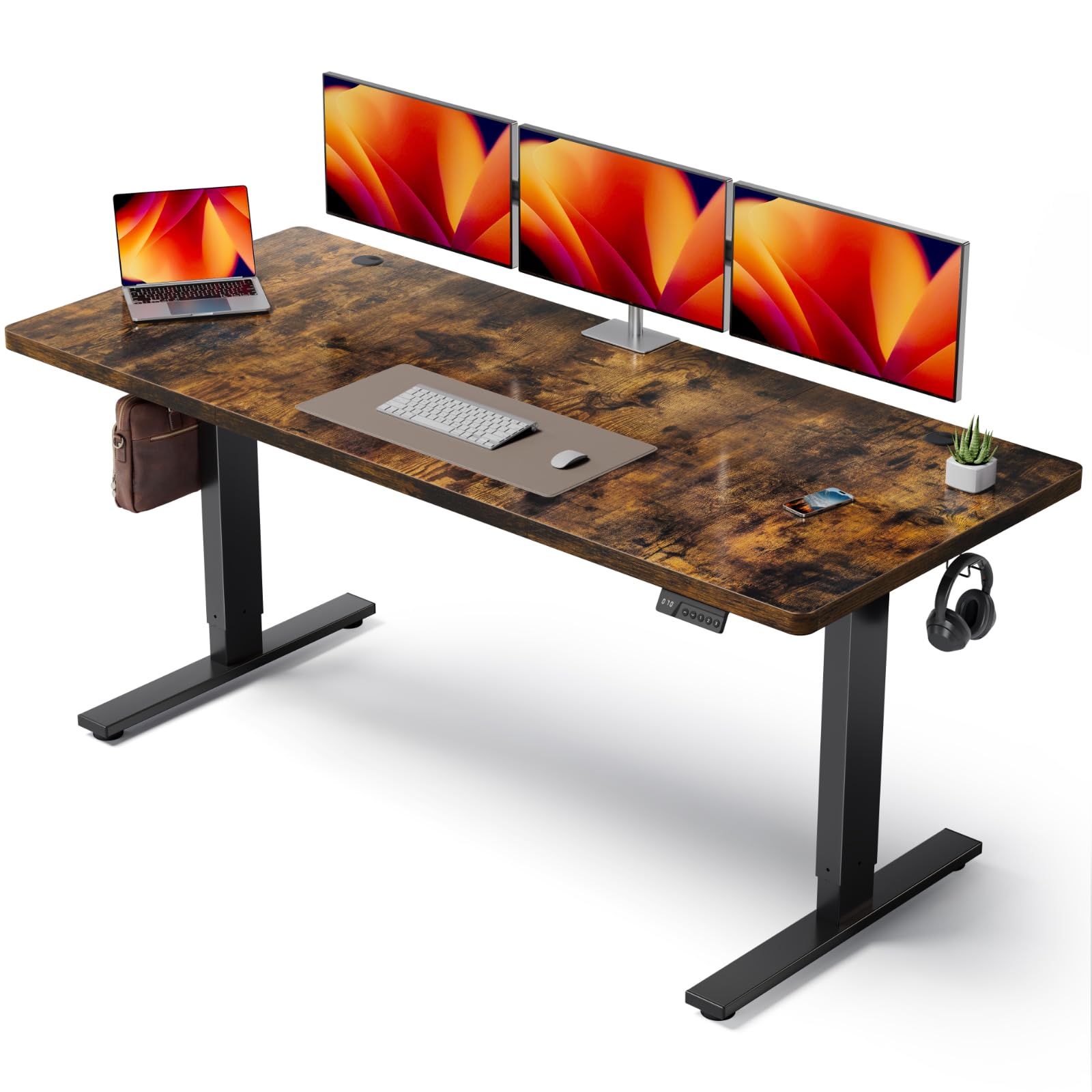 DeskShow Electric Standing Desk Adjustable - 60x28 Inch Sit Stand Desk with 1 Inch Thick Tabletop, Double Beam Frame, 3 Memory Height Adjustment, Cable Management for Home Office