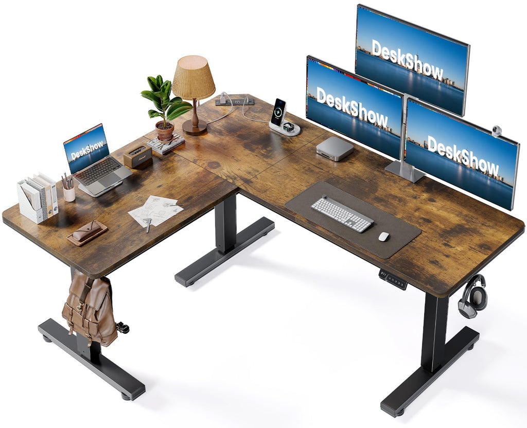 DeskShow L-Shaped Standing Desk - Adjustable Corner Standing Desk with Charging Station - L Shape Sit Stand Table with Memory Controller, Splice Board for Home Office