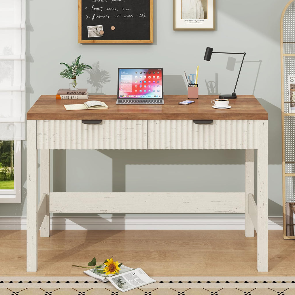 YOMILUVE Fluted Computer Desk with 2 Drawers