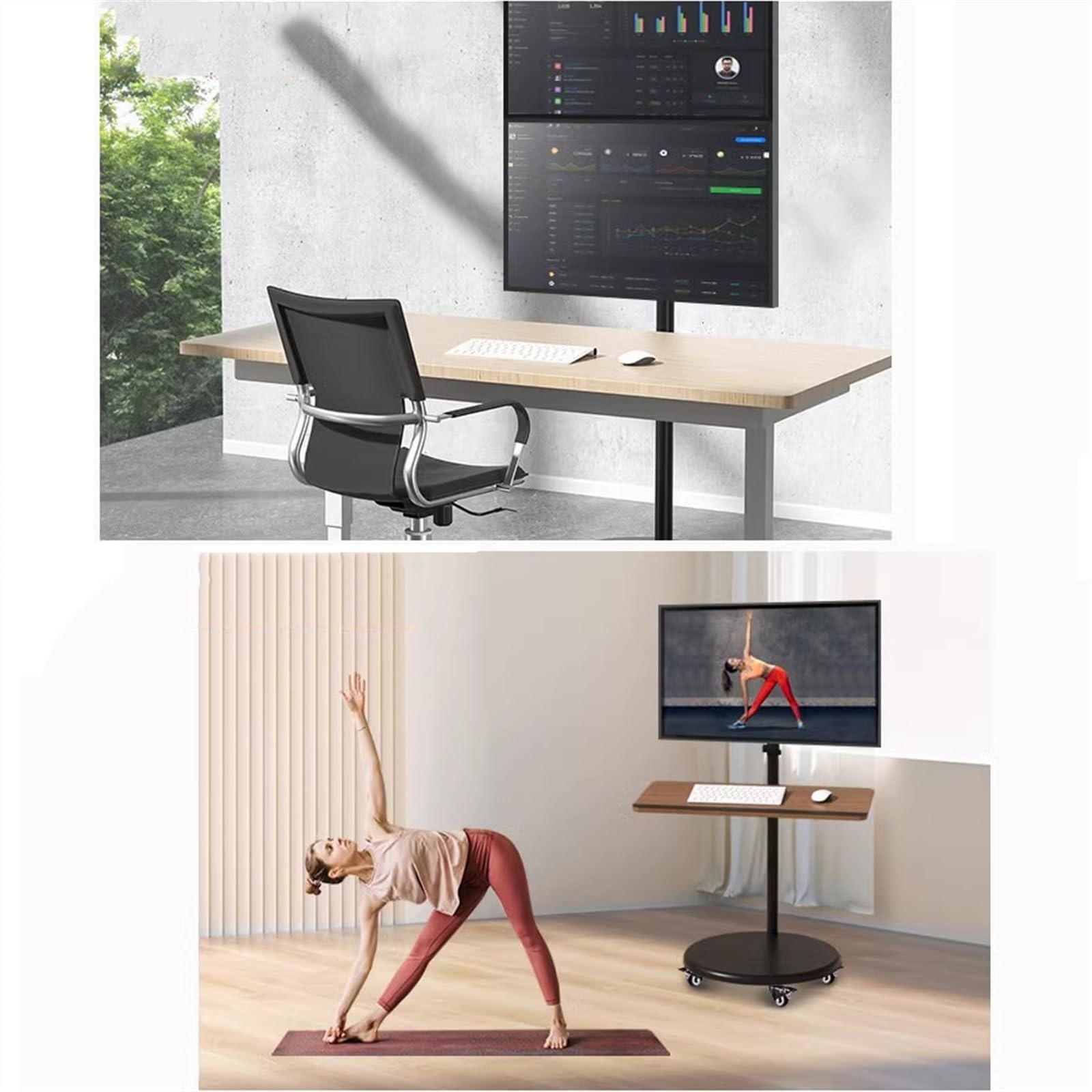 14–43-Inch Dual-Monitor Mobile Floor Stand with Keyboard Tray