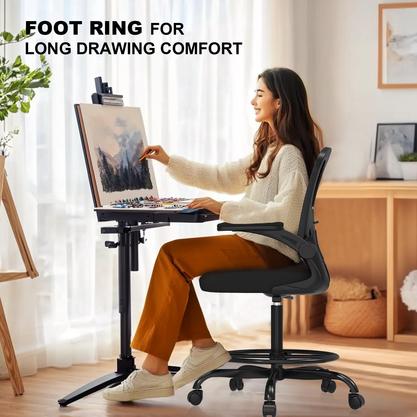 Ergonomic Mesh Drafting Chair with Footrest and Flip-Up Arms