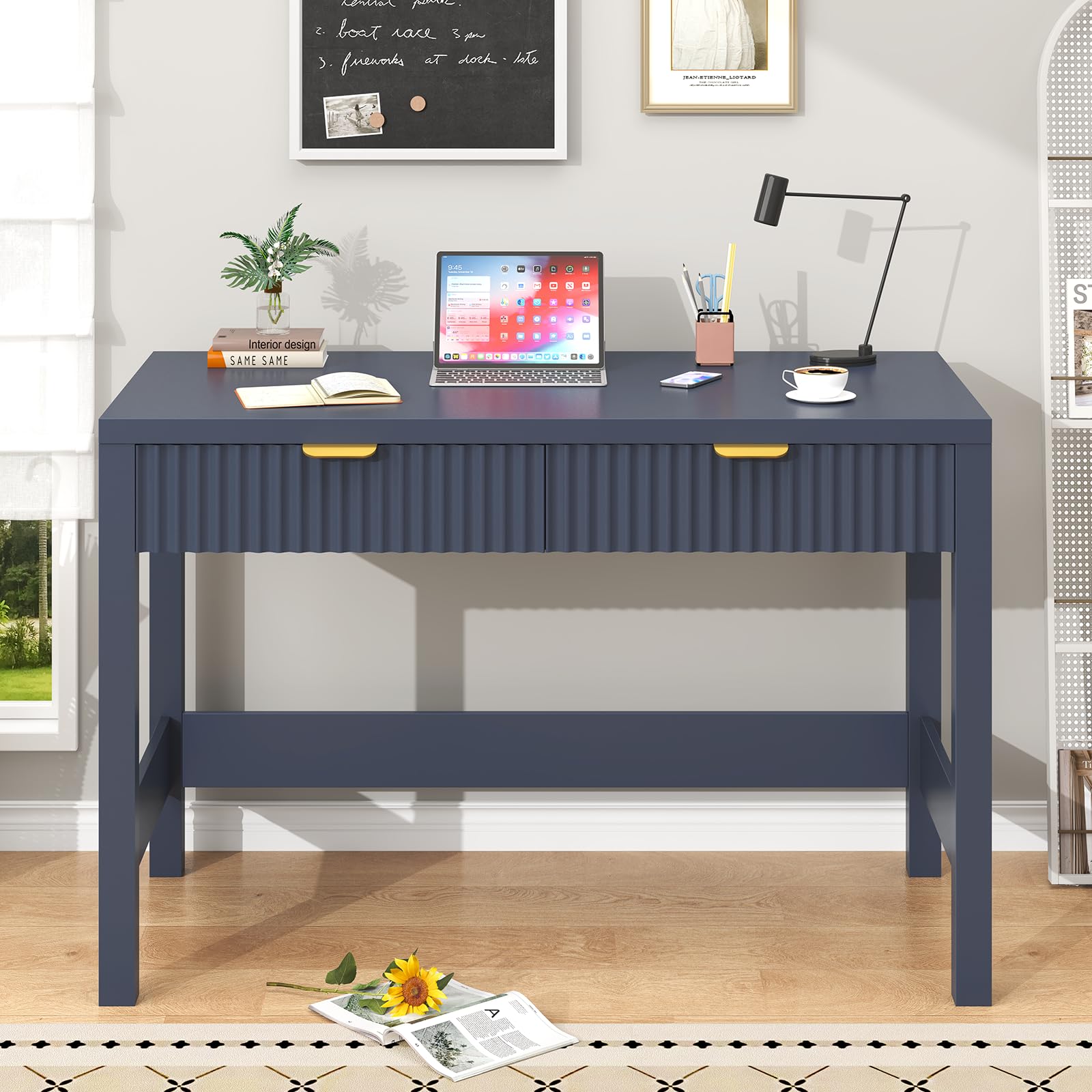 YOMILUVE Fluted Computer Desk with 2 Drawers