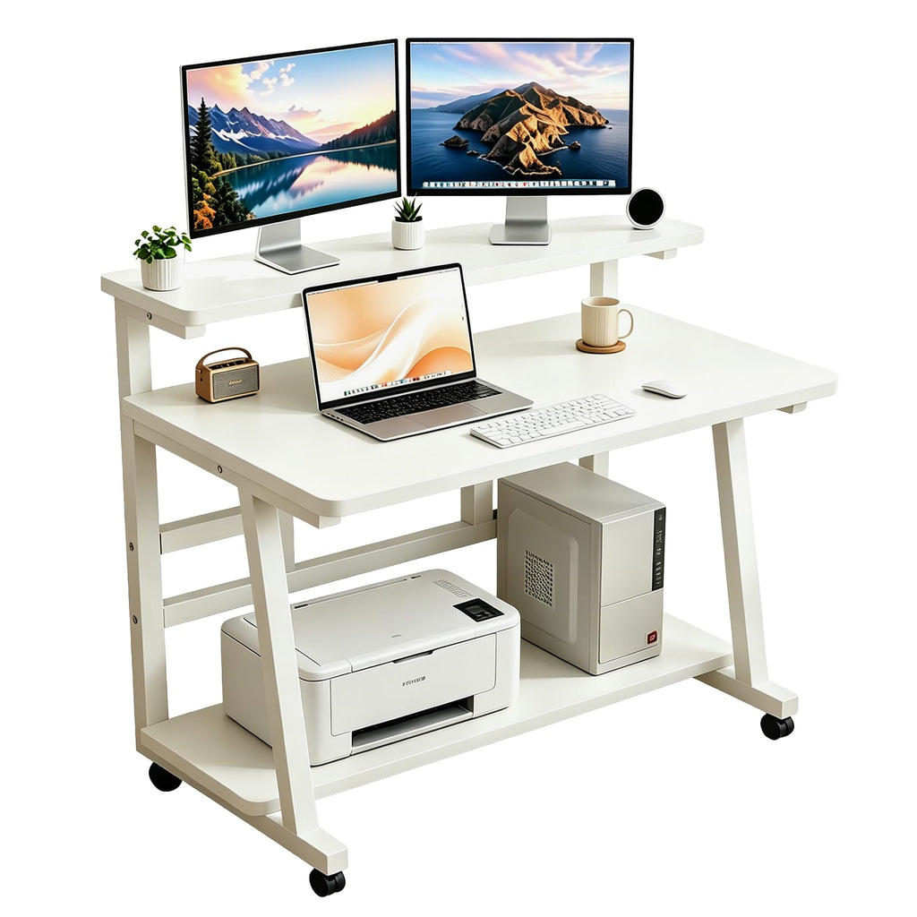 HDOFM Small Computer Desk for Small Space, Rolling Office Desk with Monitor Stand, Student Study Desk for Bedroom