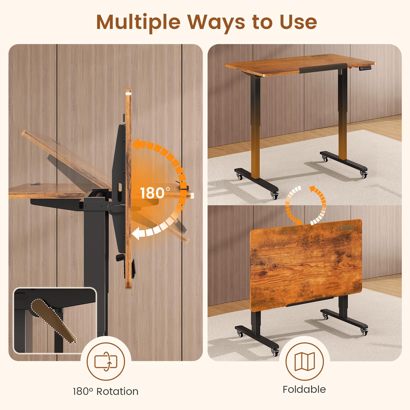 SEDETA 47 x 24 Inches Electric Standing Desk, 180° Tiltable Mobile Rising Computer Desk Height Adjustable with Wheels for Drawing/Writing/Gaming/Study/Home Office/Small Space, Rustic Brown