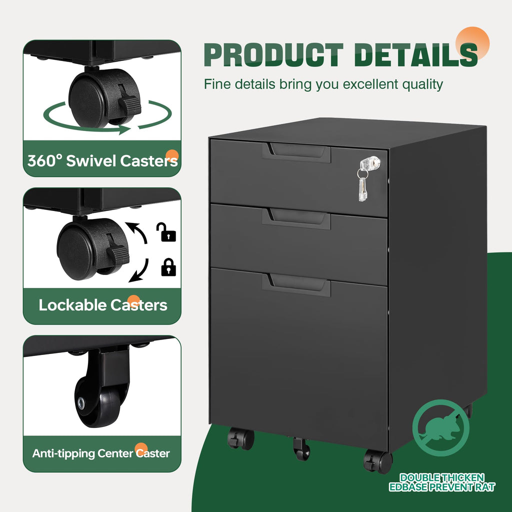 Letaya Locking Mobile Under-Desk File Cabinet, 2 or 3 Drawers