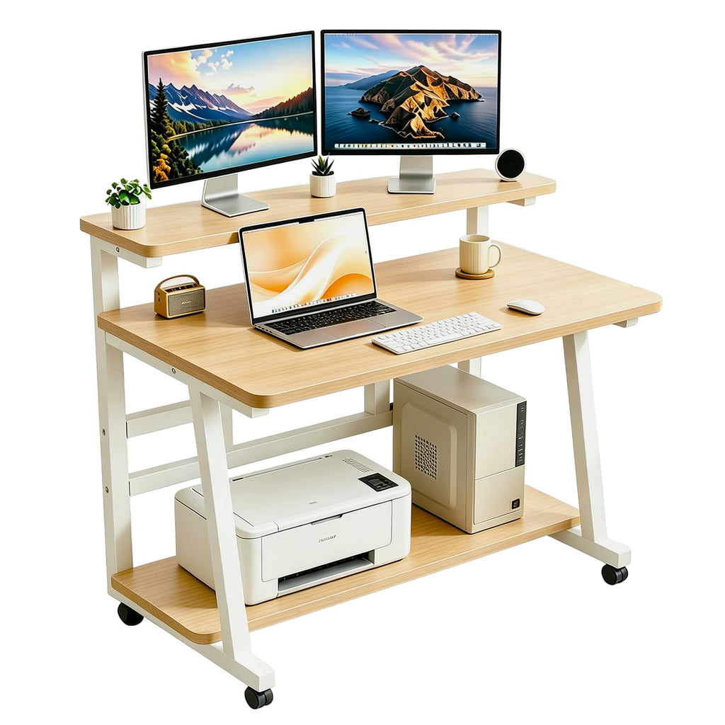 HDOFM Small Computer Desk for Small Space, Rolling Office Desk with Monitor Stand, Student Study Desk for Bedroom