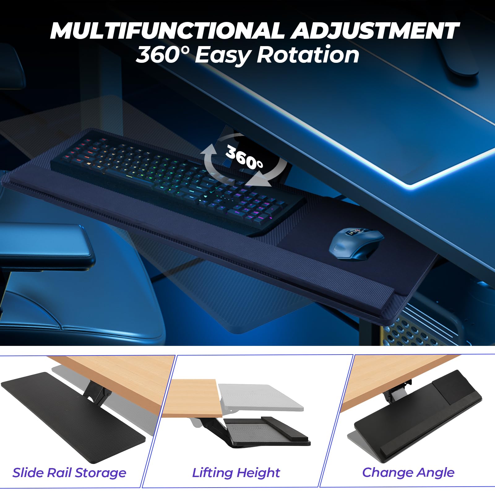 360° Adjustable Under-Desk Keyboard Tray with Wrist Rest