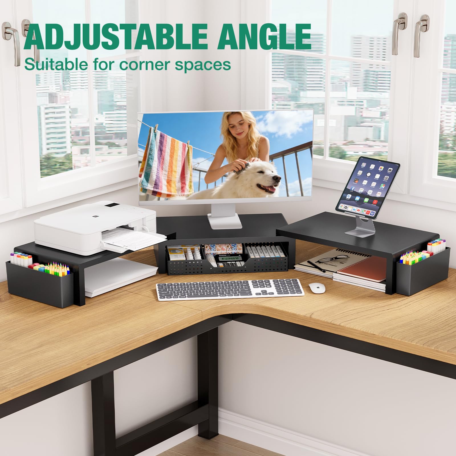 OPNICE 2-Tier Monitor Stand Riser with Drawer and 2 Pen Holders
