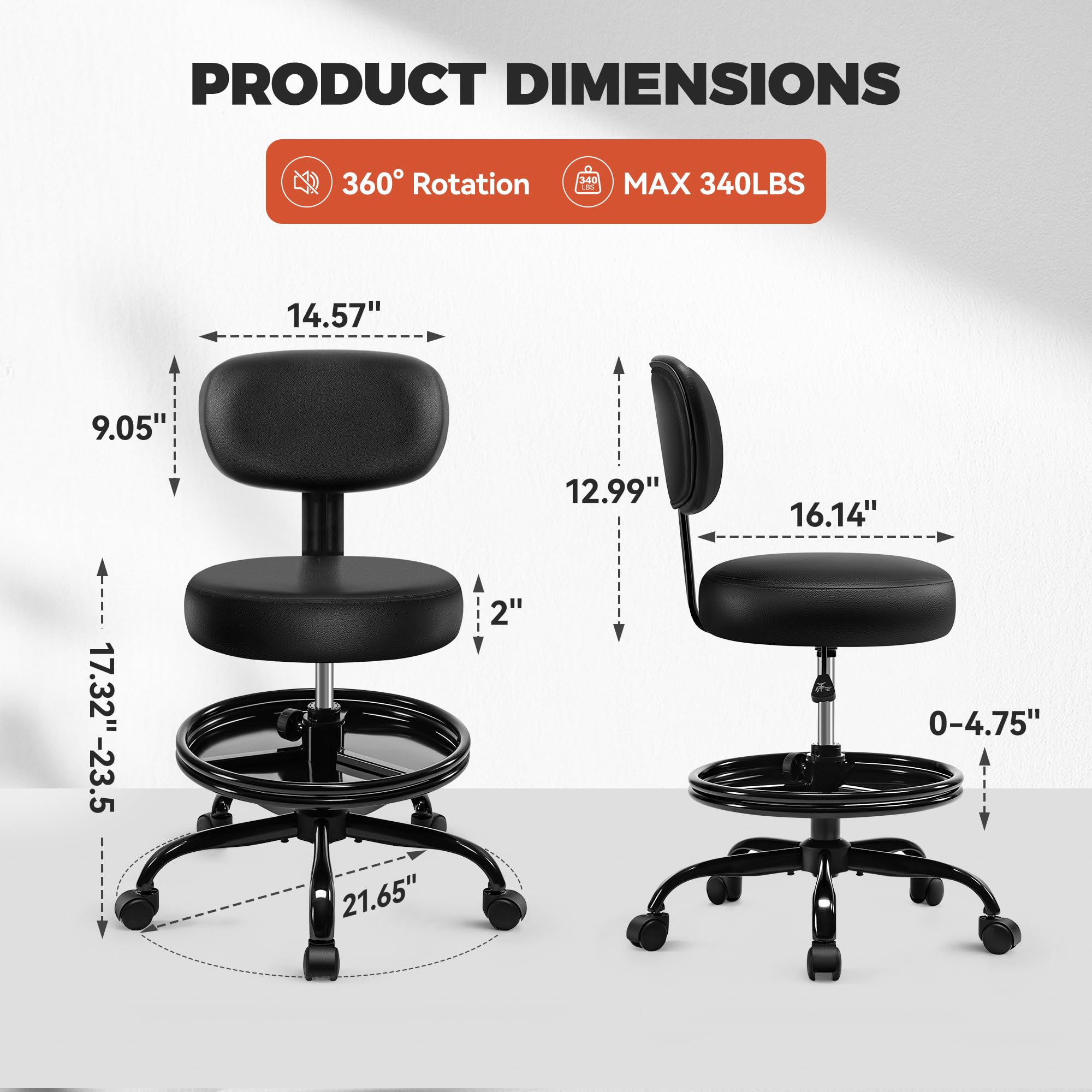BestGlory Adjustable Rolling Shop Stool with Backrest and Tray