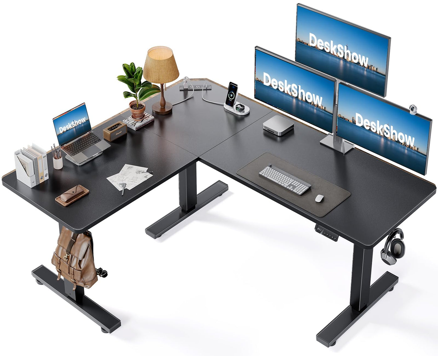 DeskShow L-Shaped Standing Desk with Memory and Charging Station