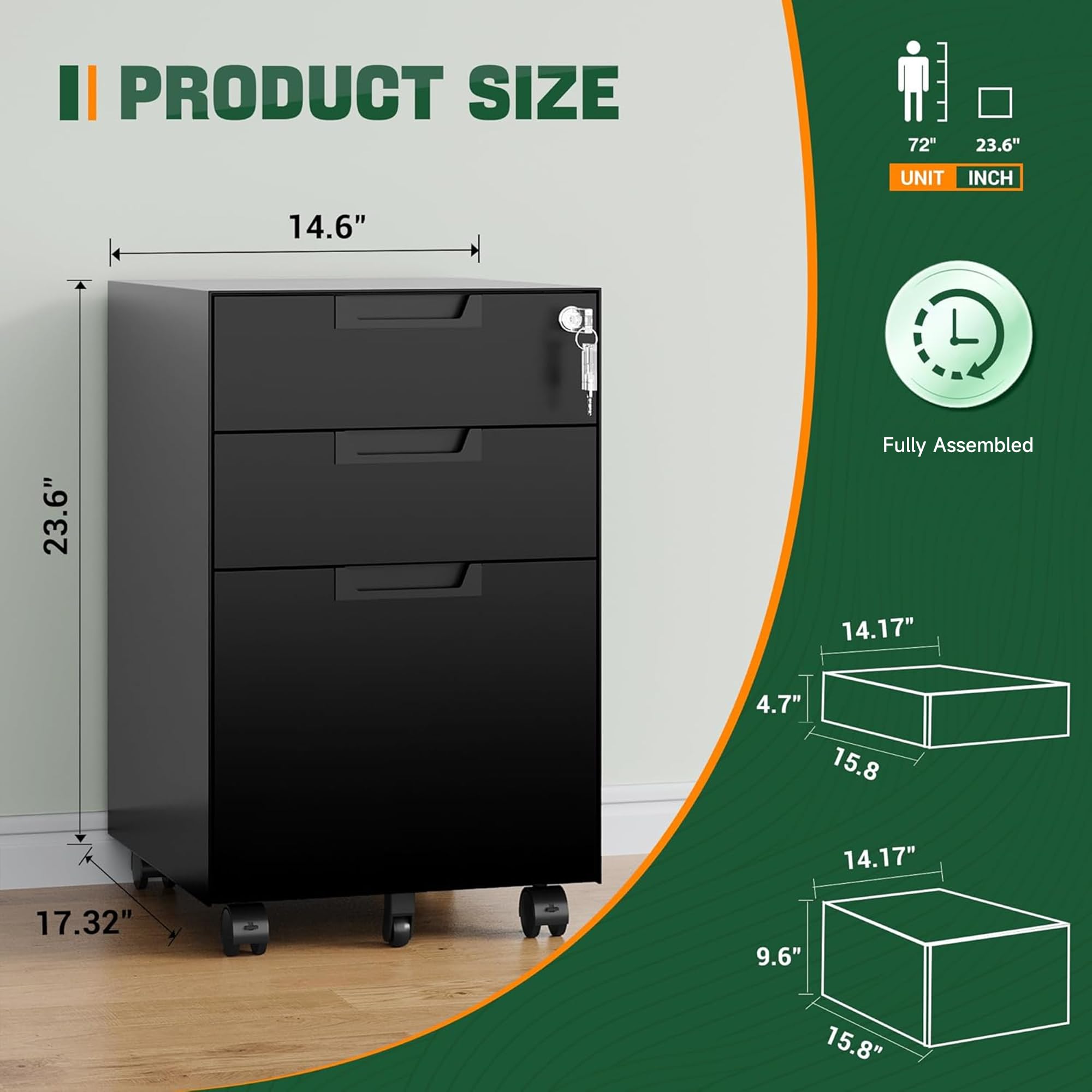 Letaya Locking Mobile Under-Desk File Cabinet, 2 or 3 Drawers