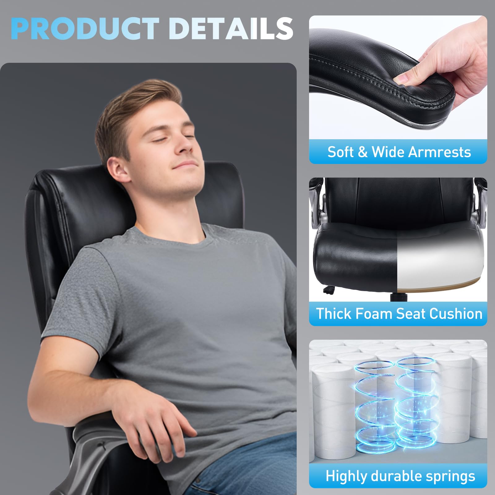 MALOL Ergonomic High-Back Executive Office Chairs, Heavy Duty Home Computer Chair with Lumbar Support, Flip-Up Arms, and PU Leather Upholstery, Black